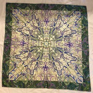 Vtg Silk Scarf - White, Greens, Blue ?Italian?